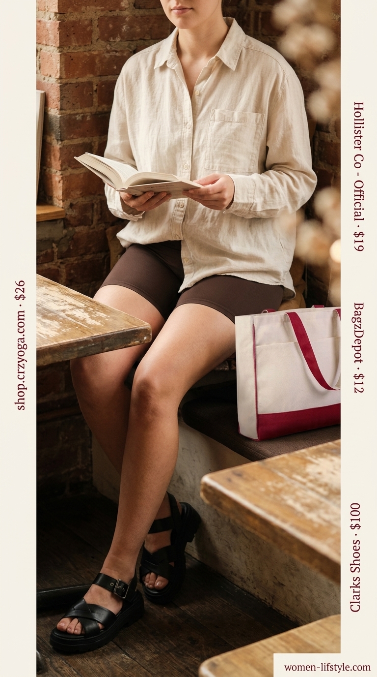 Trendy biker shorts outfits summer for women 2026: Cozy cafe look with chocolate brown biker shorts & oatmeal shirt.