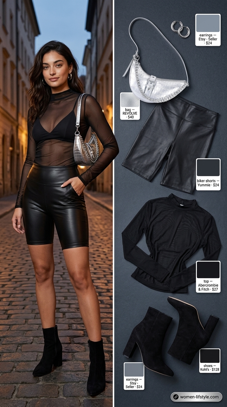 Sleek evening outfit with faux leather biker shorts, sheer mesh top, and pointed ankle boots for women 2026.