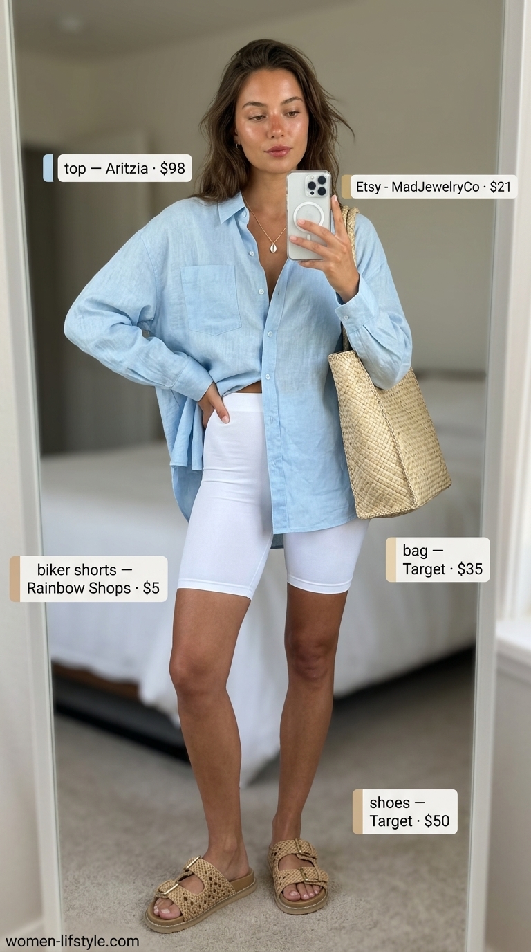 Trendy biker shorts outfits summer for women 2026: White seamless biker shorts, oversized sky blue linen shirt for breezy coastal style.