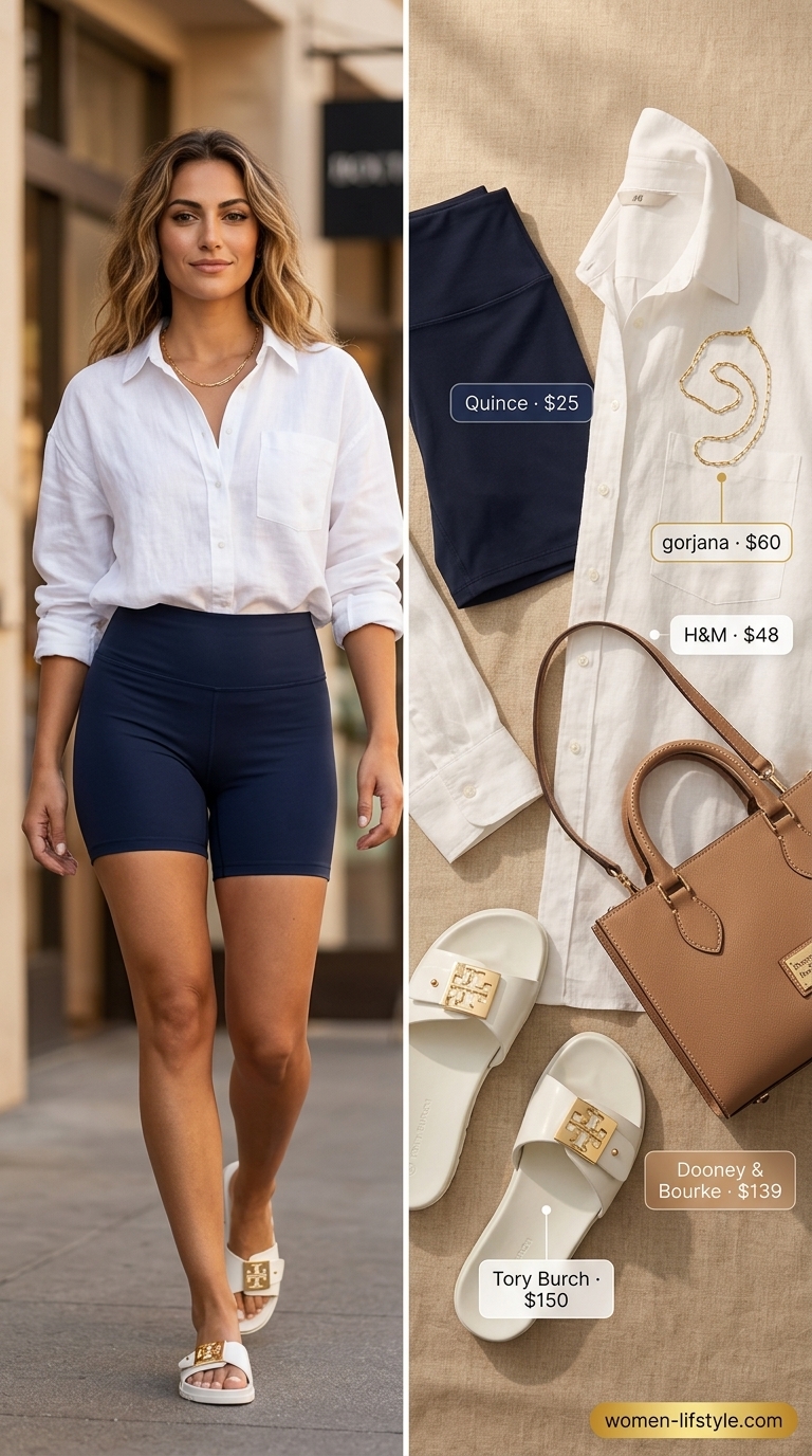 Preppy summer outfit with performance biker shorts, linen shirt, and leather sandals for women 2026.