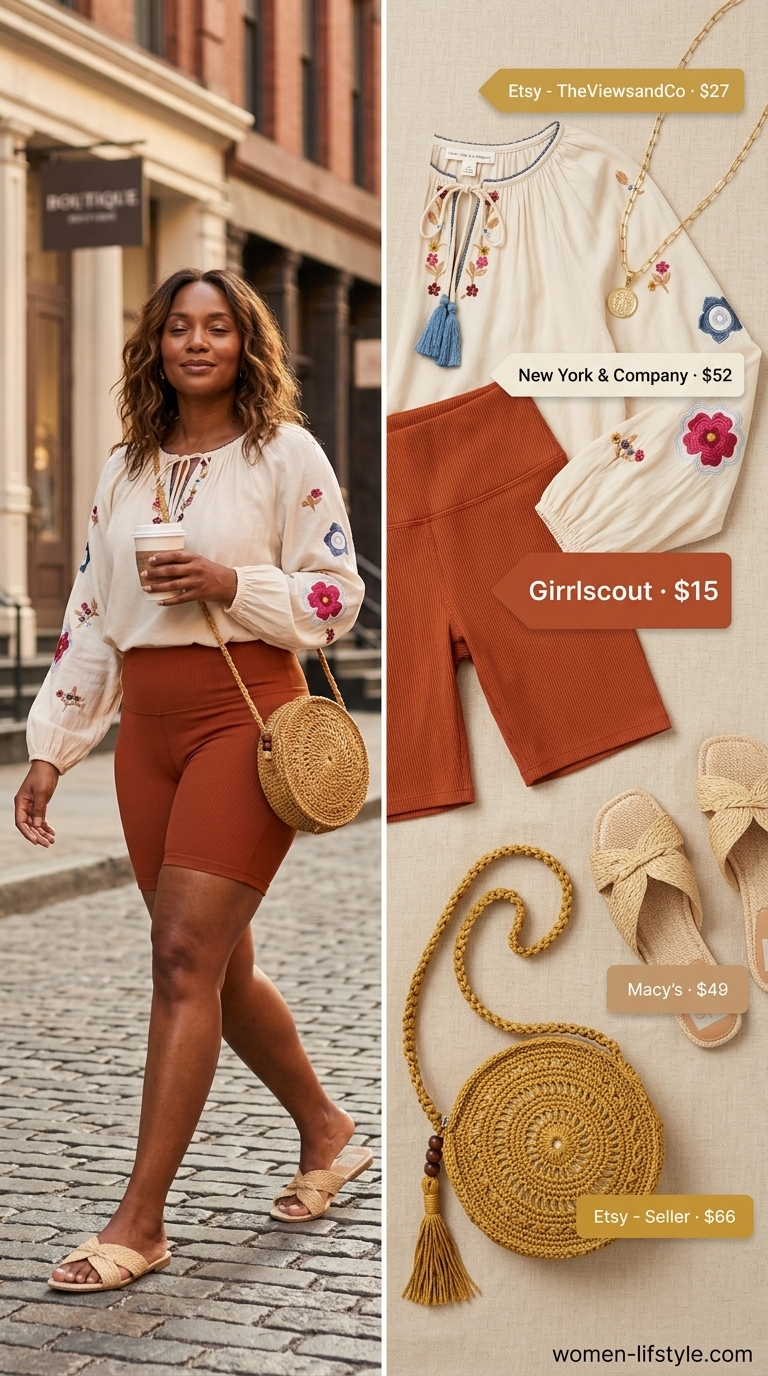 Trendy biker shorts outfits summer for women 2026: Rust orange ribbed shorts with cream peasant blouse, jute espadrilles, and straw bag.