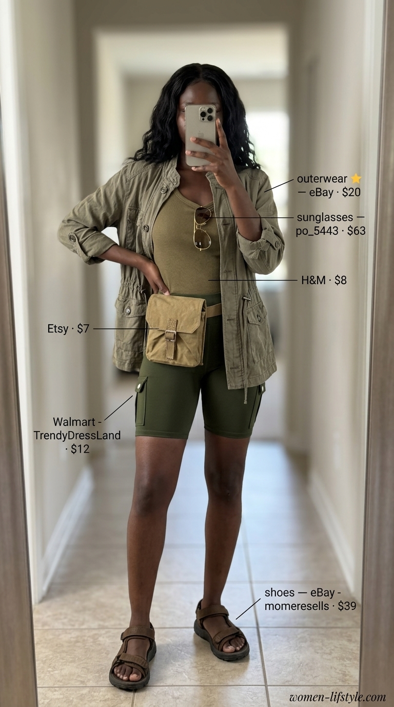 Adventurous outfit with utility biker shorts, safari jacket, and canvas belt bag for women 2026.