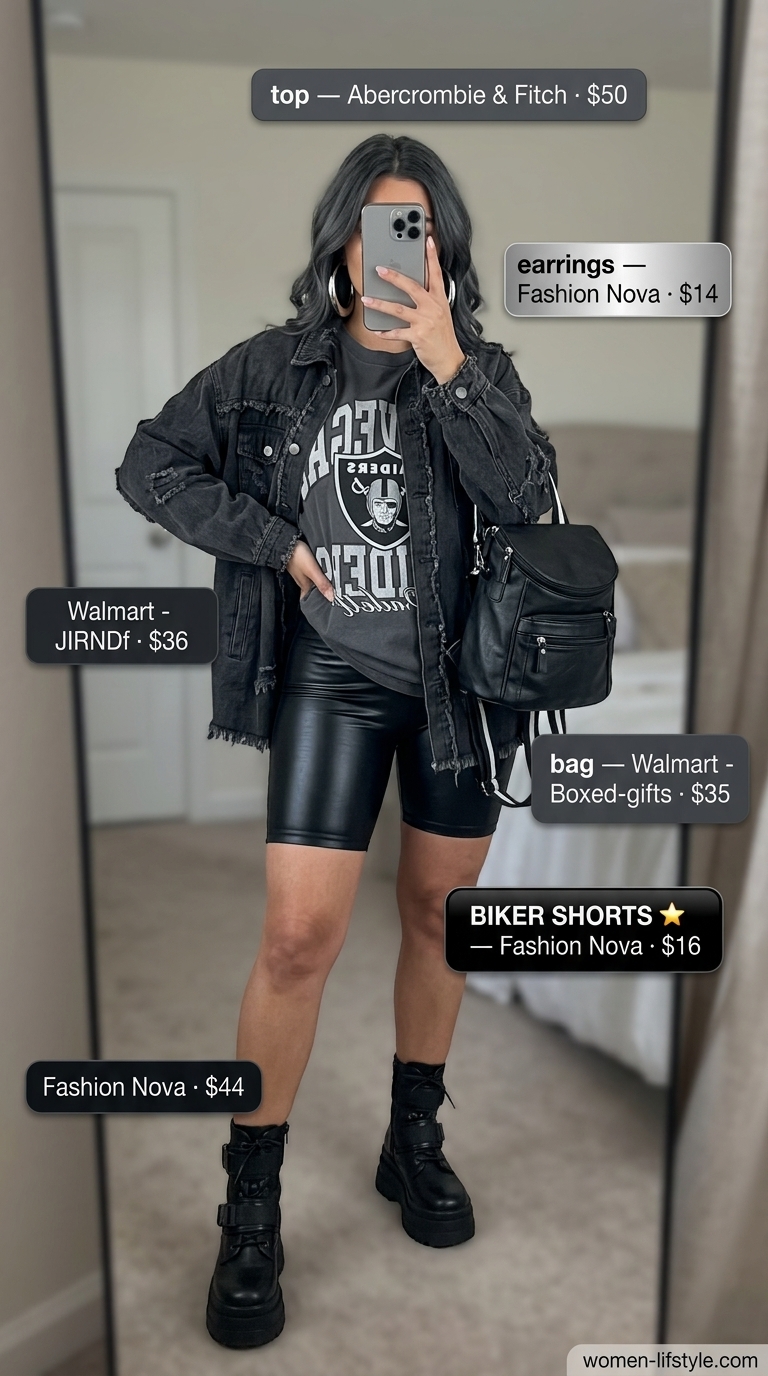Edgy city night outfit with biker shorts, oversized graphic tee, denim jacket, and combat boots for women 2026.