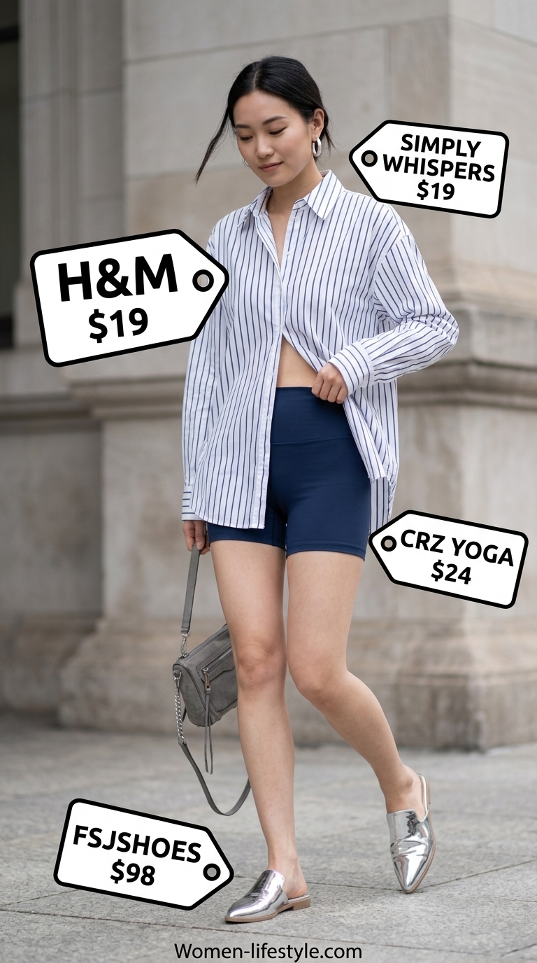 Trendy biker shorts outfits summer for women 2026: Navy biker shorts with striped shirt & silver mules.