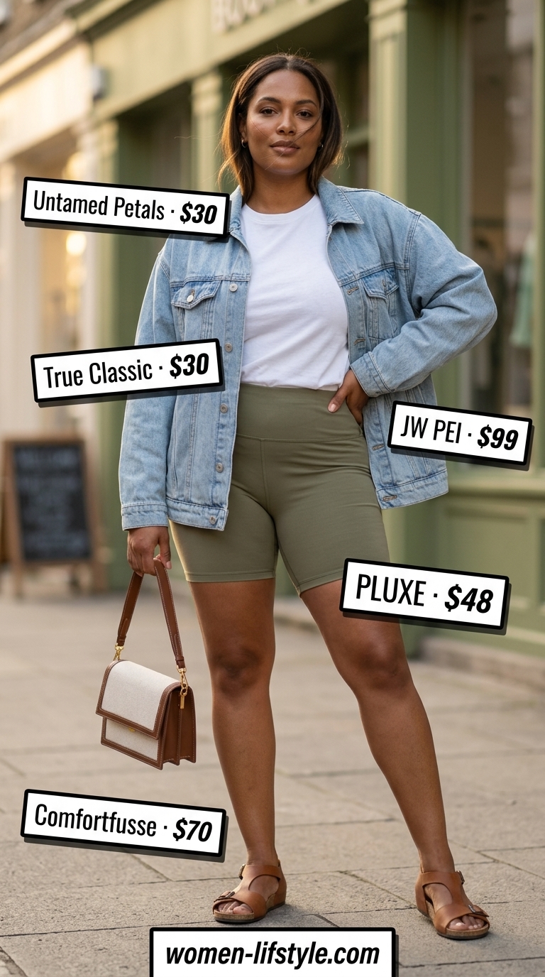 Trendy biker shorts outfits summer for women 2026: Khaki biker shorts, white tee, denim jacket for an explorer casual look.