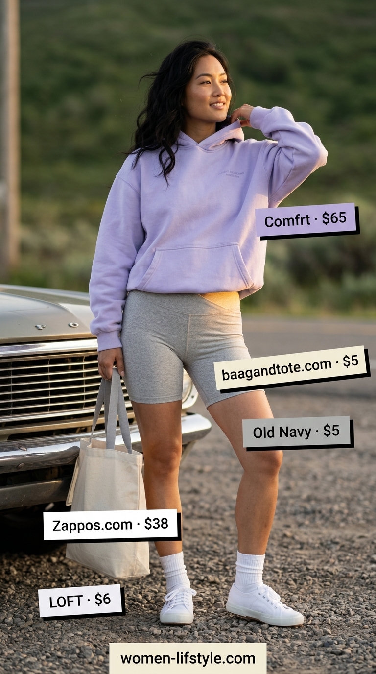 Trendy biker shorts outfits summer for women 2026: Lavender hoodie, grey biker shorts, white sneakers for a cozy getaway style.