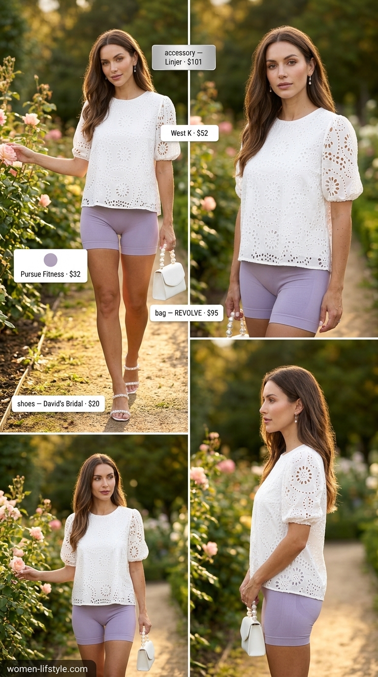 Feminine outfit with seamless biker shorts, eyelet top, and pearl sandals for women 2026.