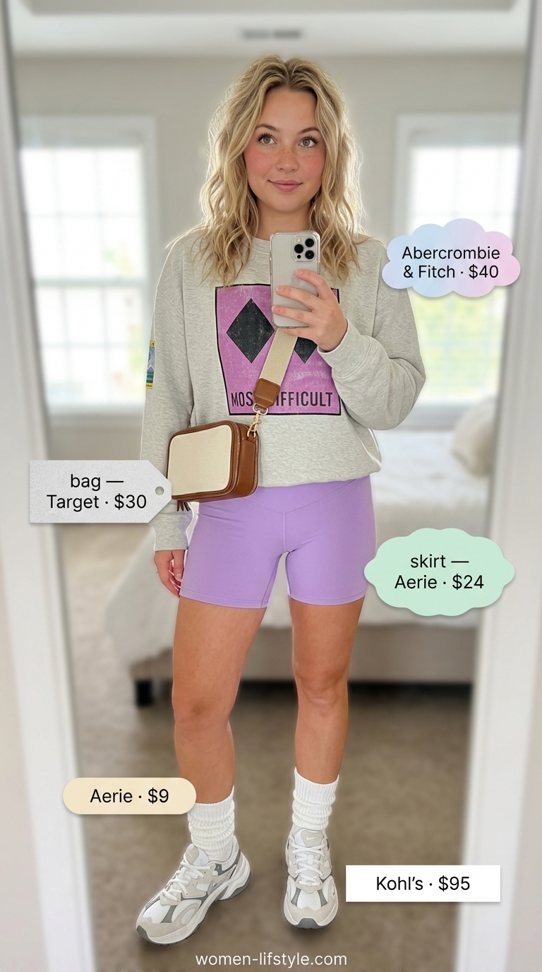 Retro casual outfit with relaxed biker shorts, graphic sweatshirt, and canvas crossbody for women 2026.