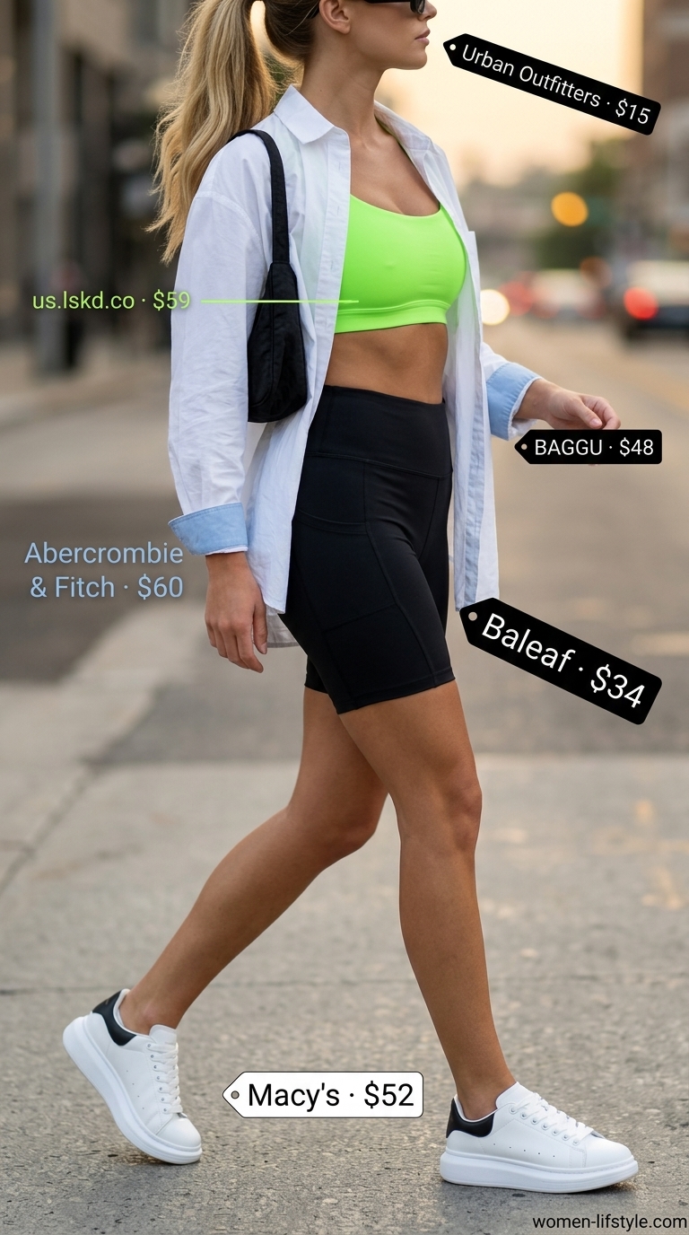 Trendy biker shorts outfits summer for women 2026: Neon green sports bra with black biker shorts & white shirt.