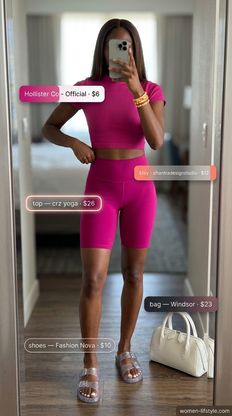 Trendy biker shorts outfits summer for women 2026: Fuchsia biker shorts, white crop top, clear sandals for a playful amusement park look.