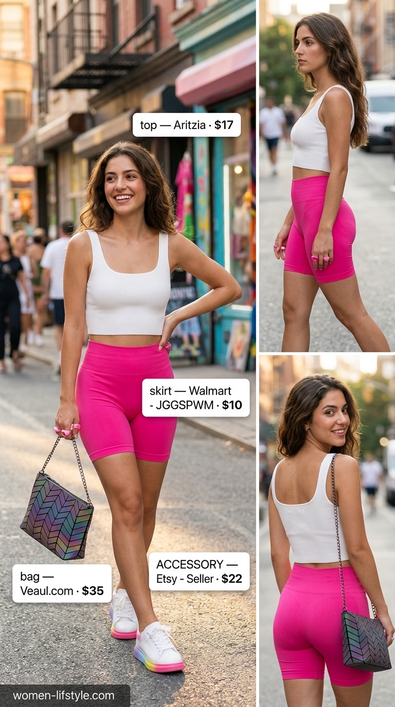 Trendy biker shorts outfits summer for women 2026: Hot pink biker shorts, white crop top, platform sneakers for a pop art look.