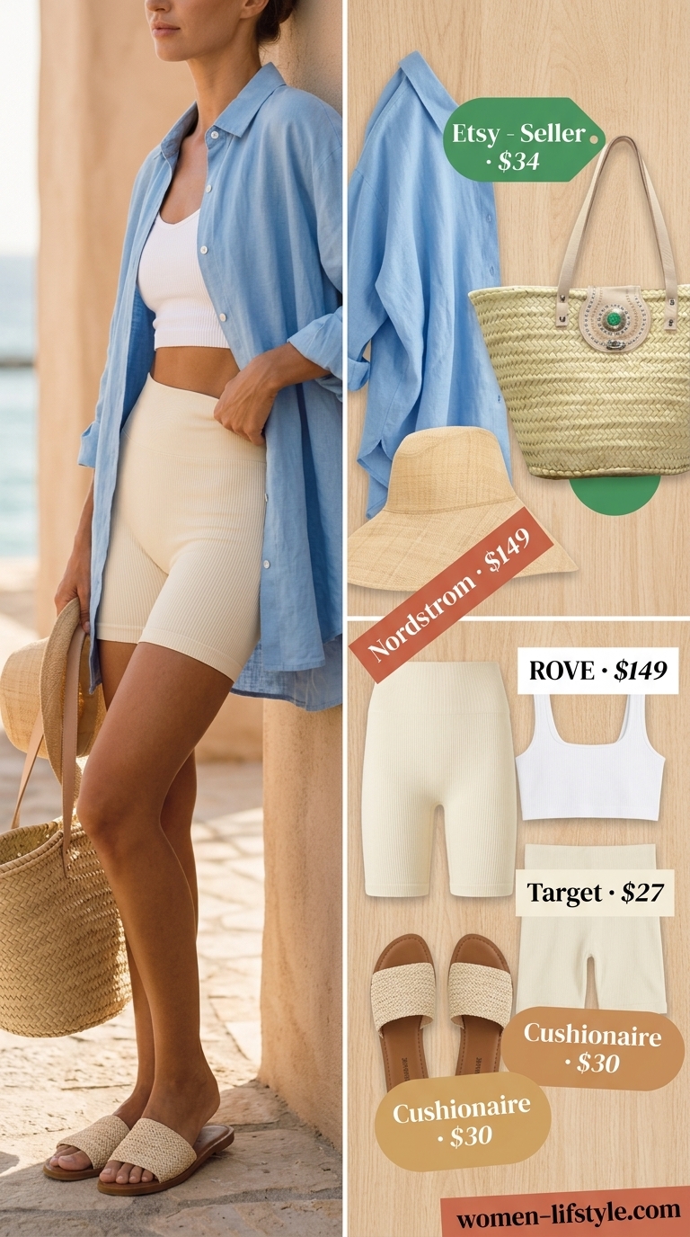 Trendy biker shorts outfits summer for women 2026: White ribbed biker shorts, sky blue linen shirt, straw tote for Riviera chic.