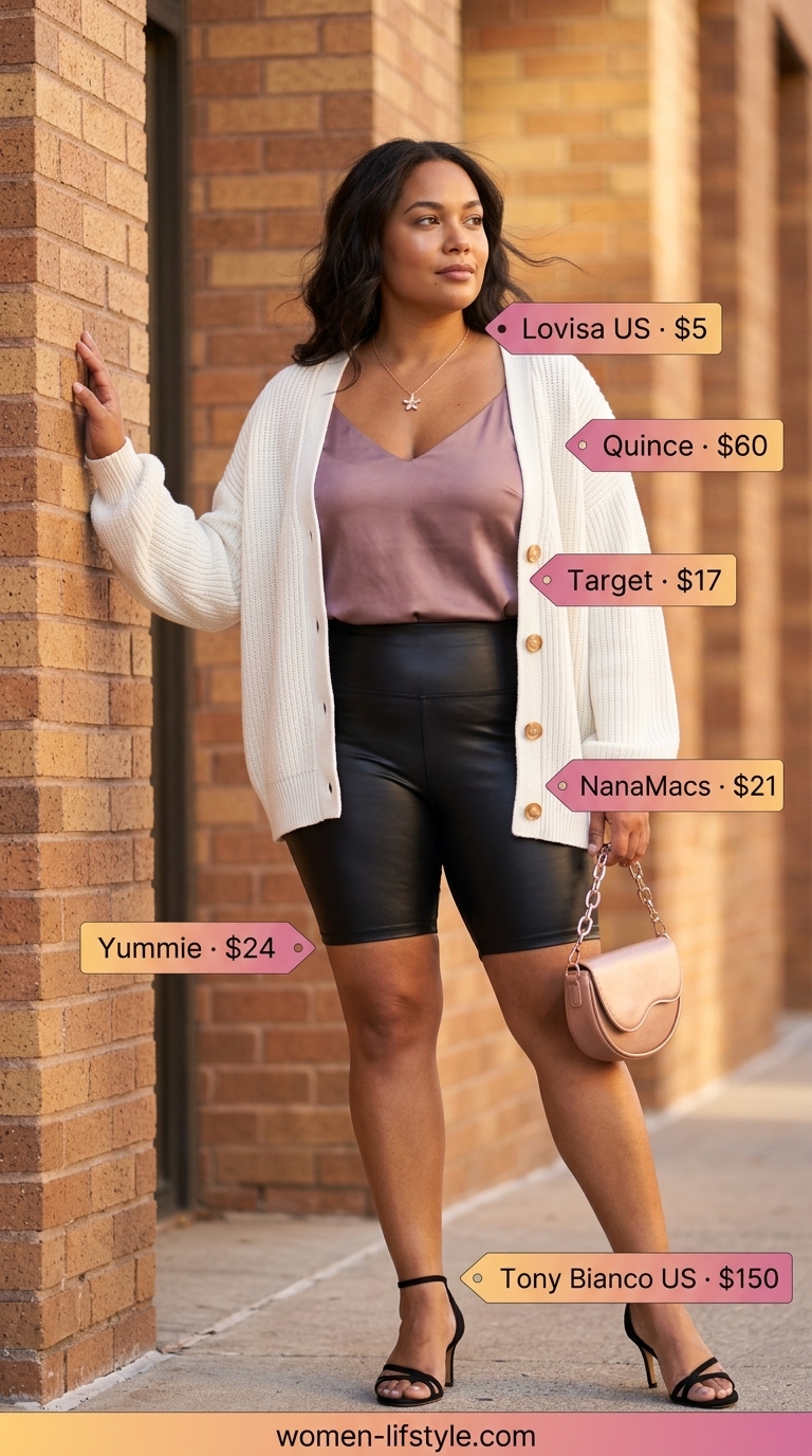 Trendy biker shorts outfits summer for women 2026: Black faux leather biker shorts, blush cami, rose gold bag for edgy garden party.
