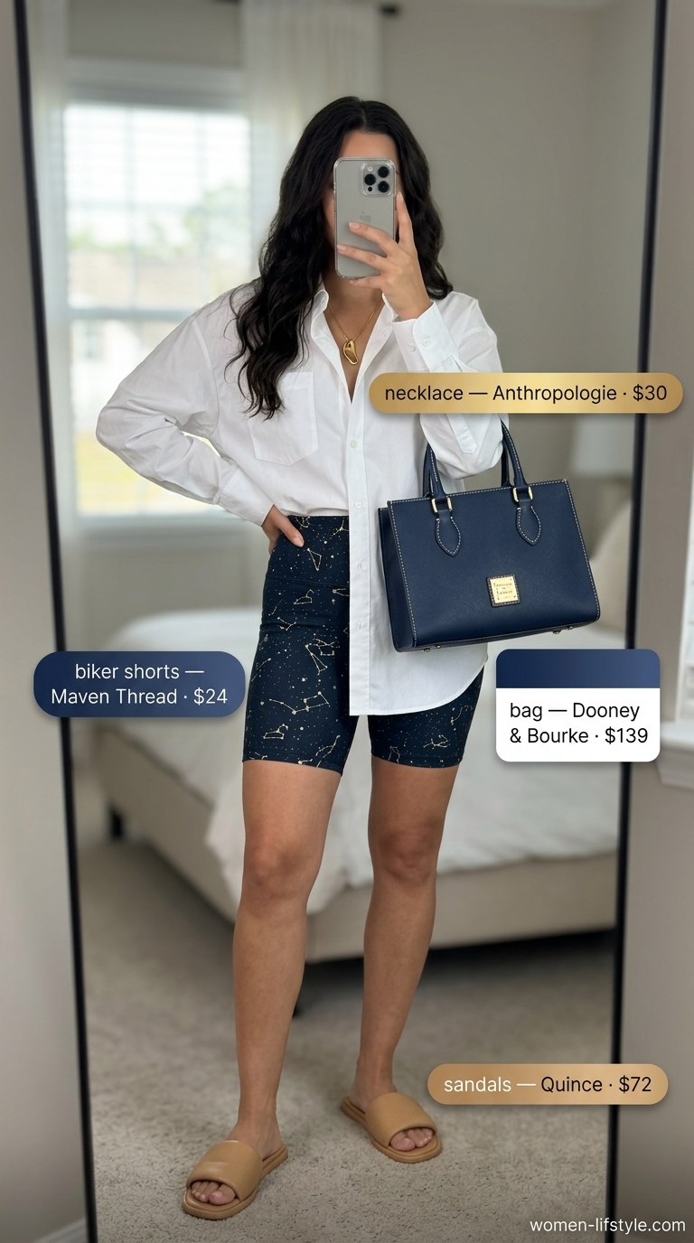 Minimalist coastal outfit with printed biker shorts, oversized shirt, and leather slides for women 2026.