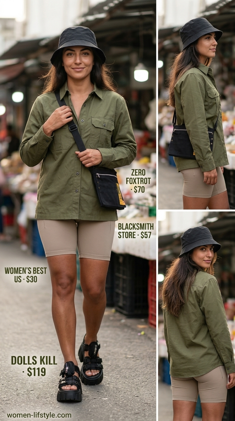 Trendy biker shorts outfits summer for women 2026: Stone beige biker shorts with utility shirt & platform sandals.