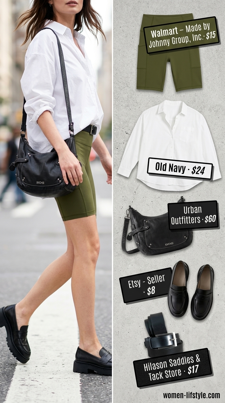 Trendy biker shorts outfits summer for women 2026: Olive green biker shorts with white oversized shirt, black loafers & belt.