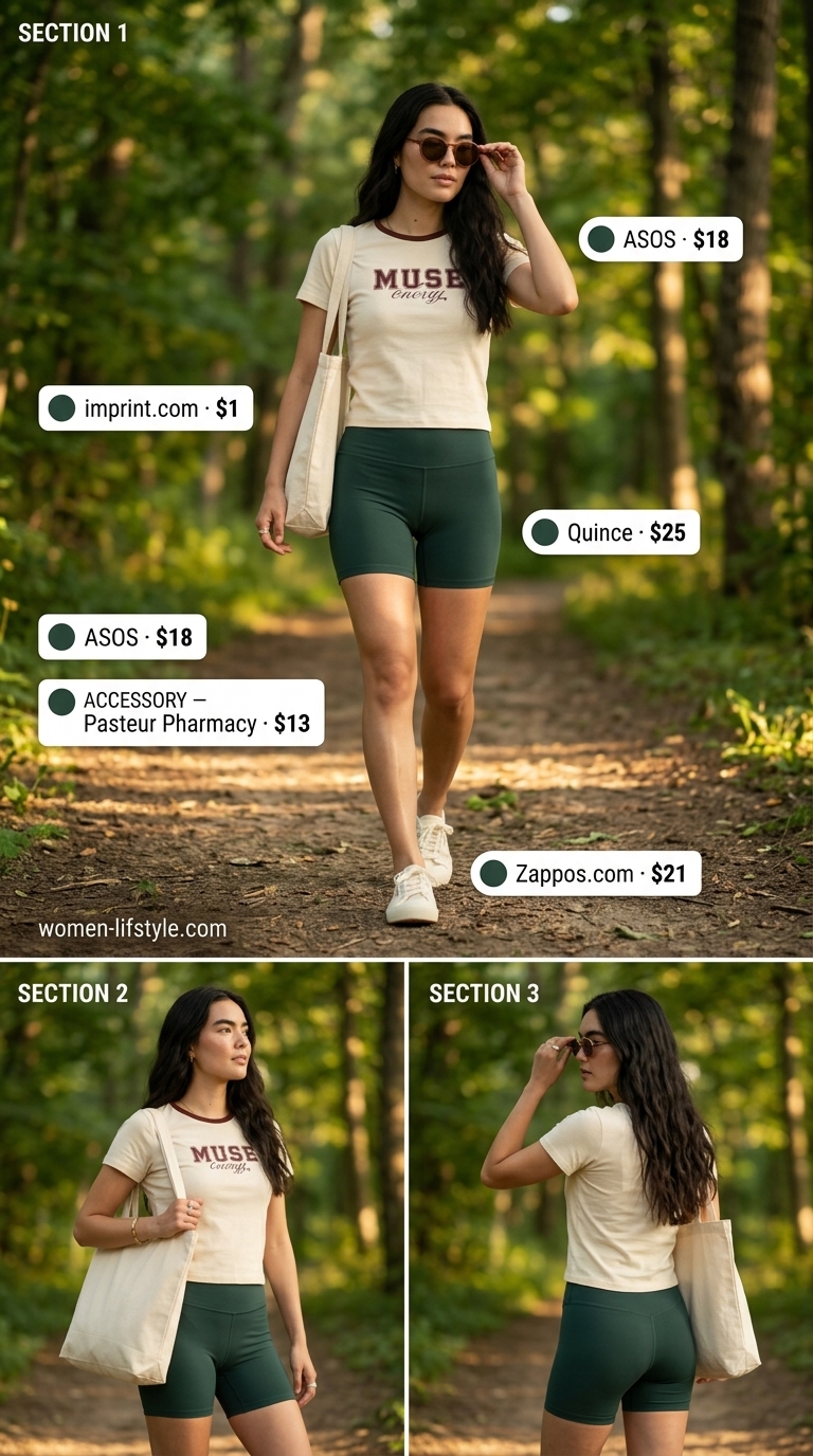 Retro picnic outfit with cotton blend biker shorts, graphic tee, and canvas tote for women 2026.