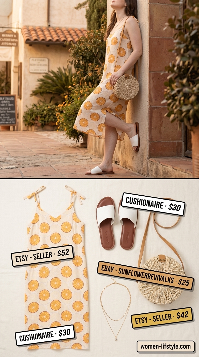 Joyful citrus print sundress outfit for women 2026. Playful for brunch, beach & festivals.