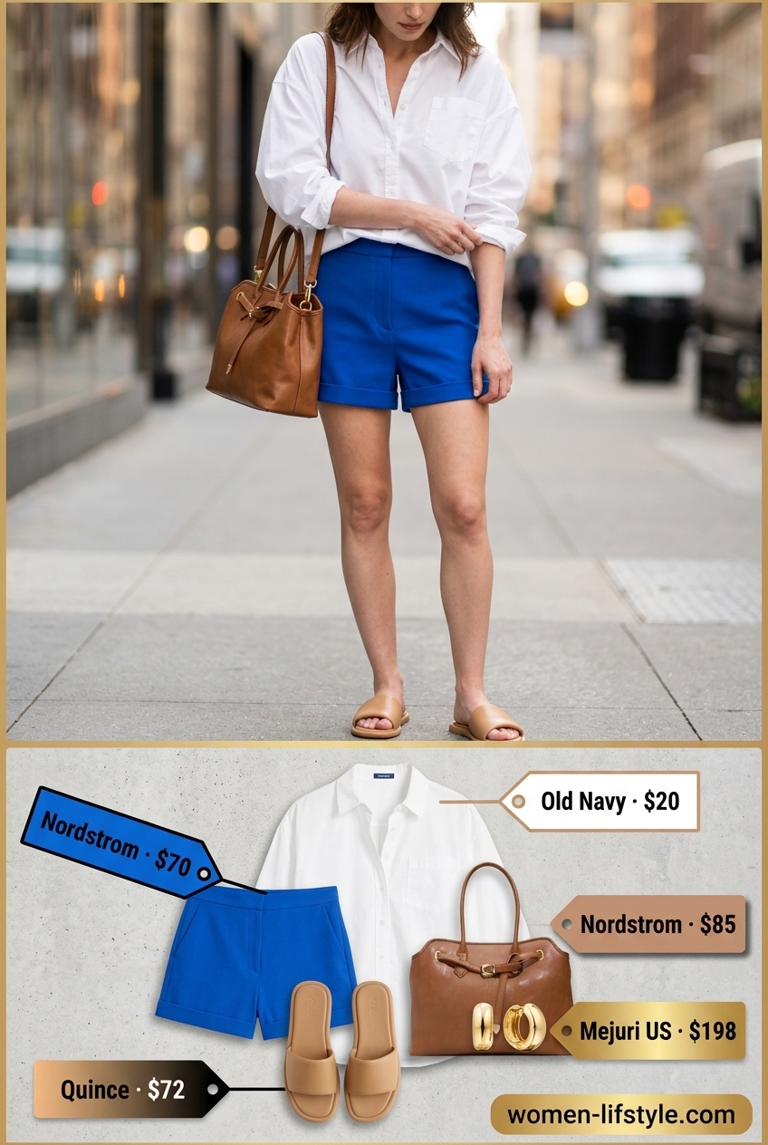 Modern electric blue shorts outfit for women 2026. Chic for city exploration & casual office.