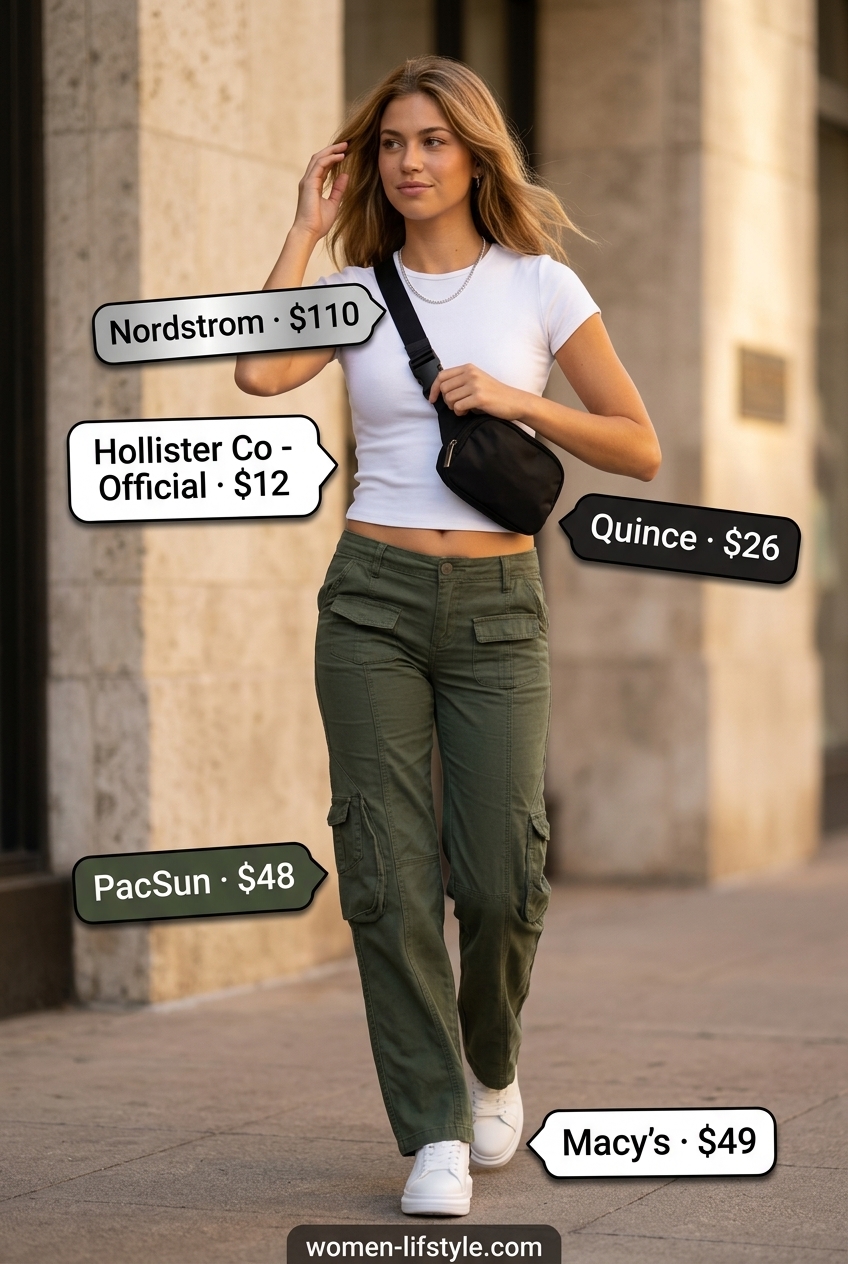 Edgy emerald green cargo pants outfit for women 2026. Great for street style & casual days.