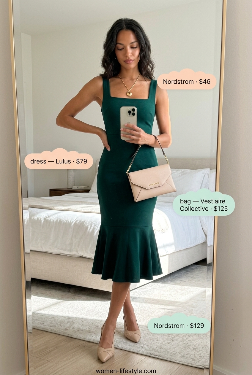 Emerald green midi dress for cocktail parties 2026. Elegant outfit with beige clutch and gold necklace.