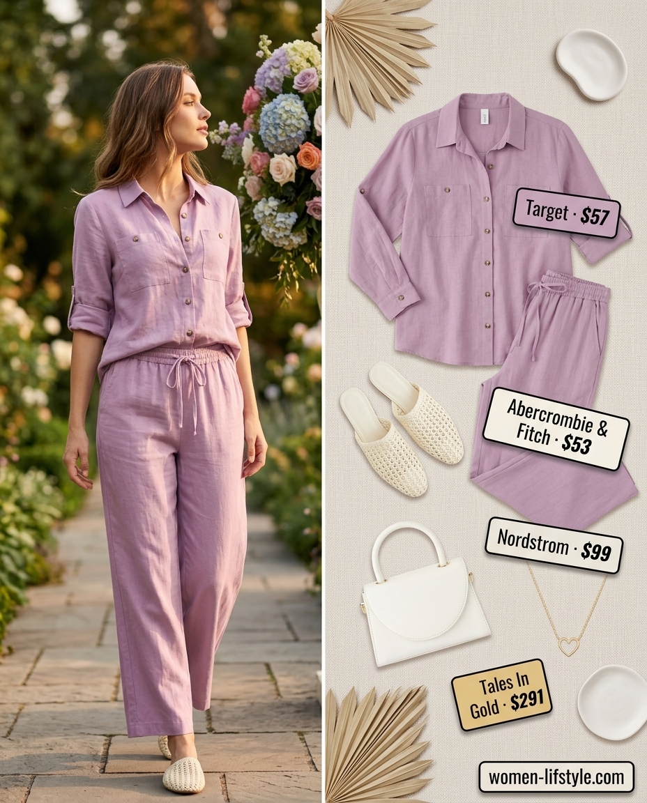 Lavender linen pants set for summer resort wear 2026. Elegant outfit with white top-handle bag.