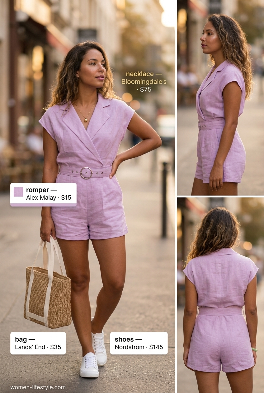 Relaxed lavender linen romper outfit for women 2026. Effortless for beach picnics & errands.