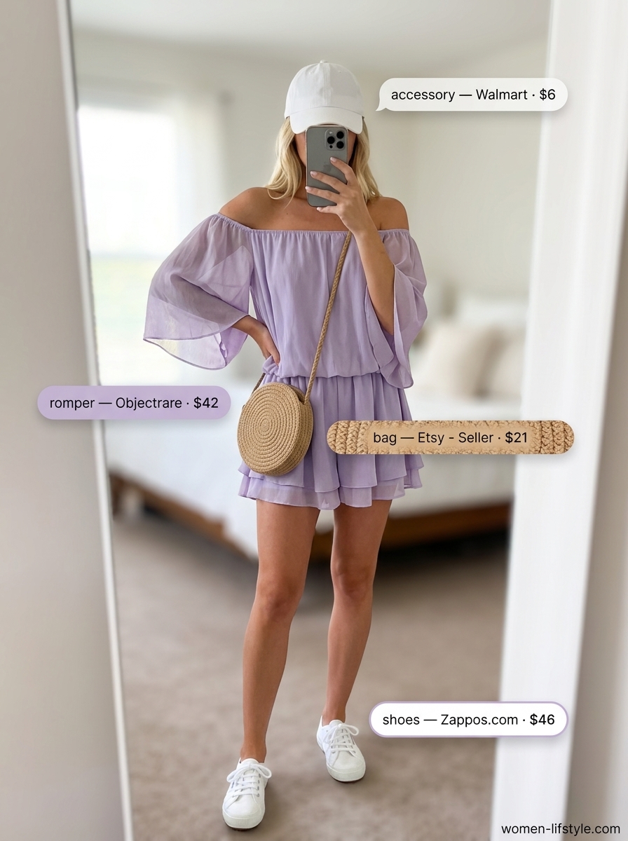 Lavender romper for casual summer outings 2026. Sweet outfit with white sneakers and raffia bag.