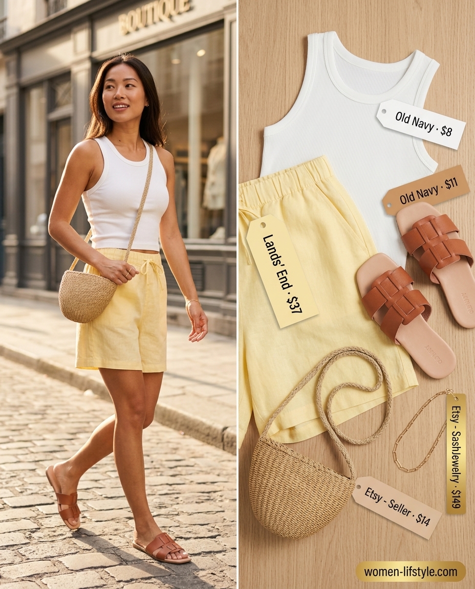 Lemon yellow linen shorts for casual summer days 2026. Playful outfit with white tank and sandals.