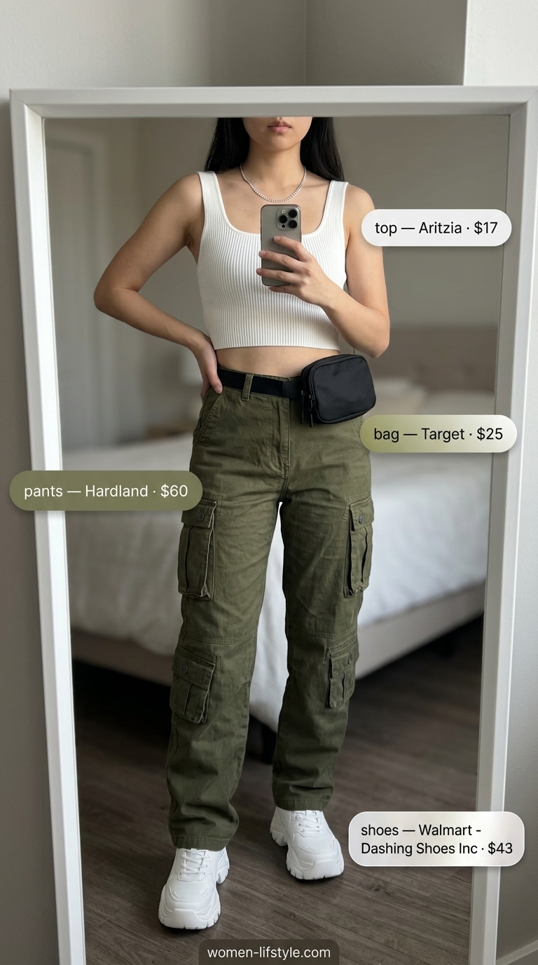 Olive green cargo pants for streetwear 2026. Edgy outfit with white crop top and chunky sneakers.