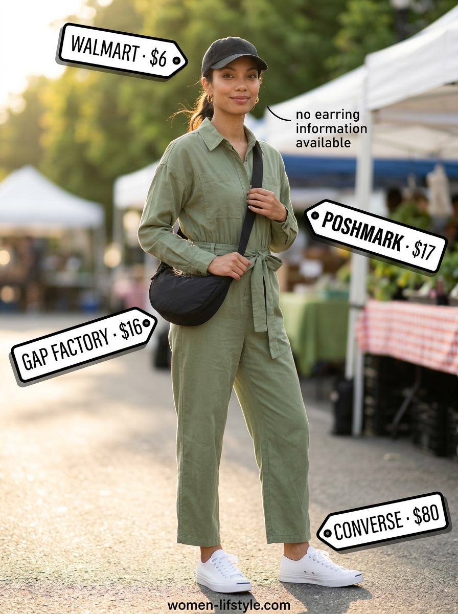 Olive green utility jumpsuit for casual summer days 2026. Effortless look with sneakers and cap.