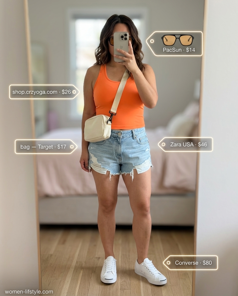 Cool orange and denim shorts outfit for women 2026. Casual weekend vibes with edgy flair.