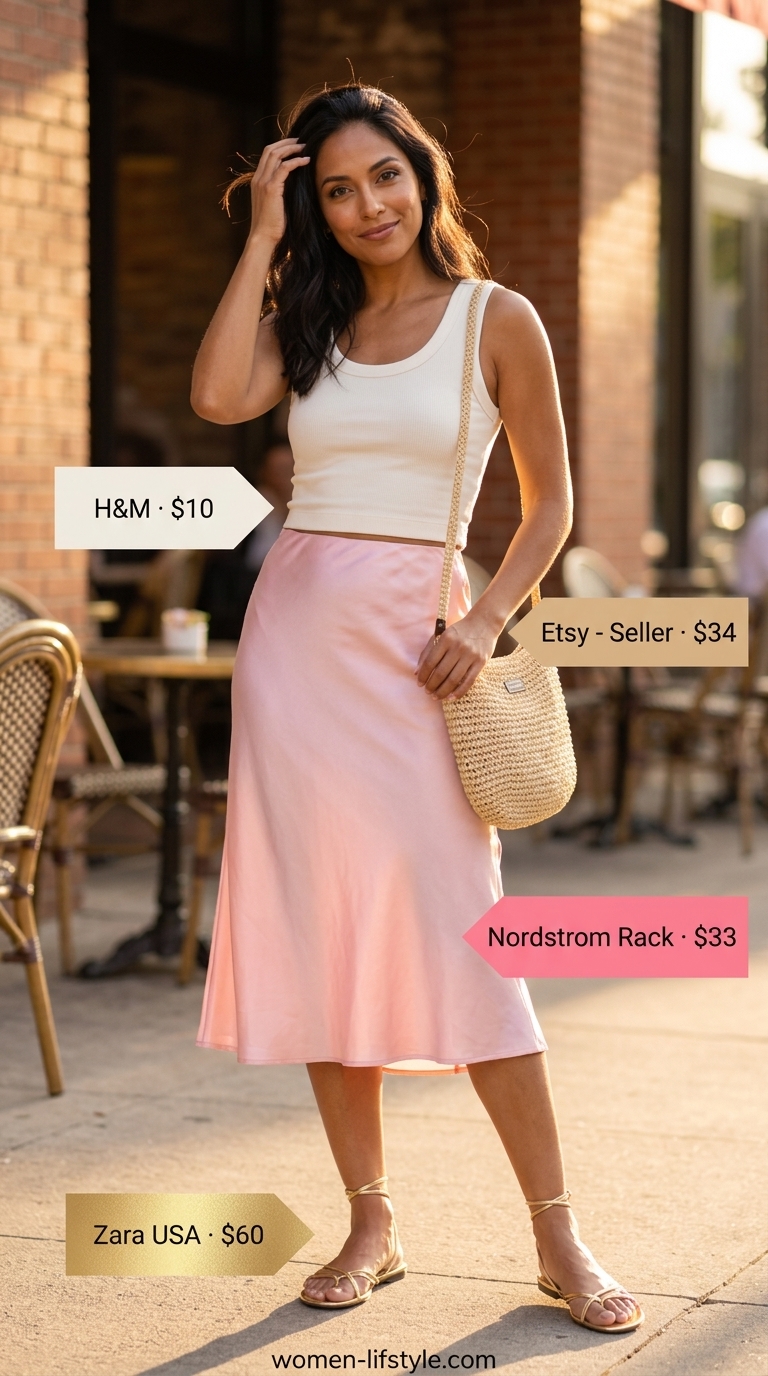 Charming rose pink satin midi skirt outfit for women 2026. Perfect for summer brunch & dates.