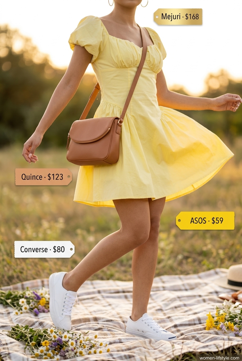 Playful sunshine yellow mini dress outfit for women 2026. Youthful for picnics & festivals.