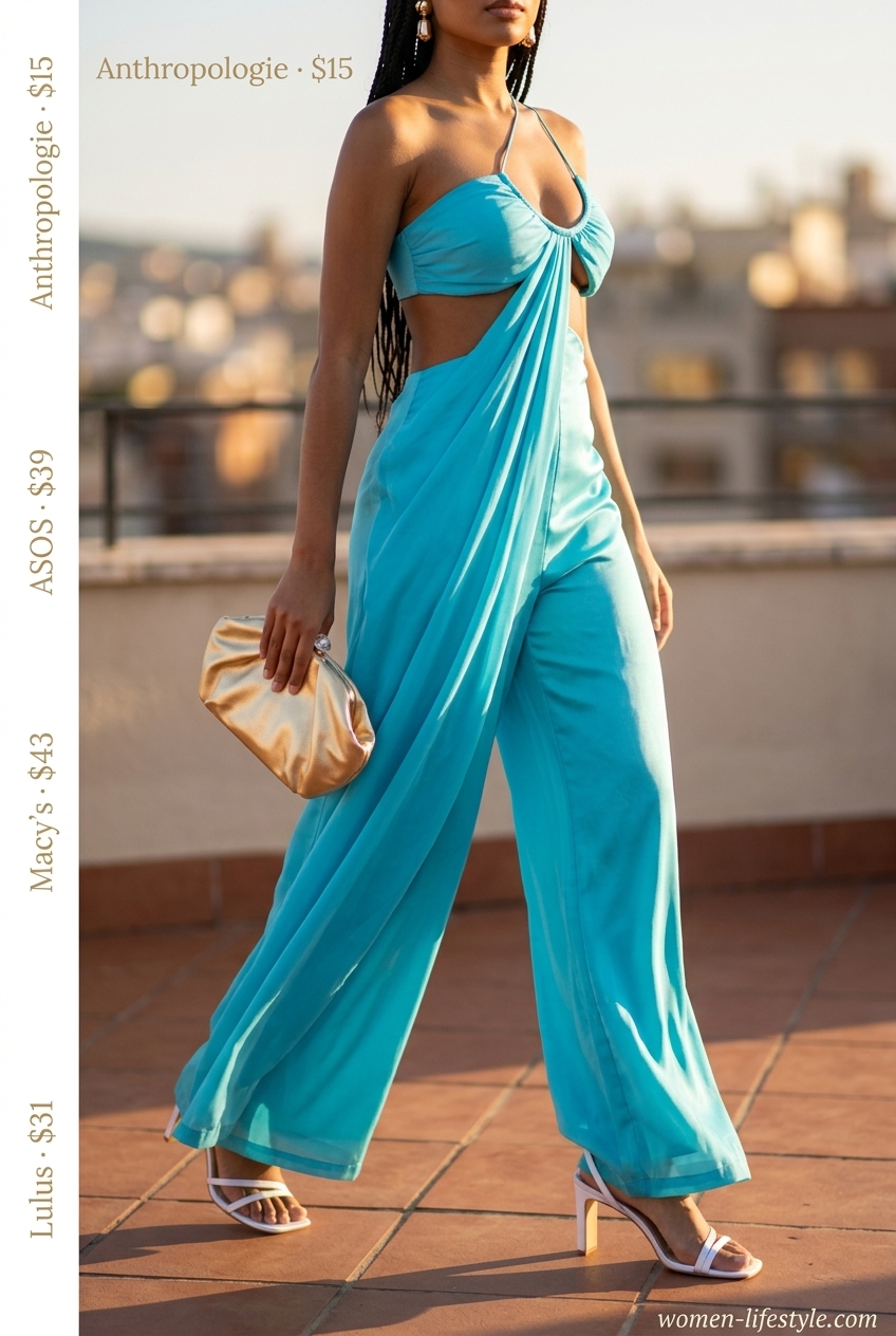 Sophisticated turquoise wide-leg jumpsuit outfit for women 2026. Chic for summer parties & dates.