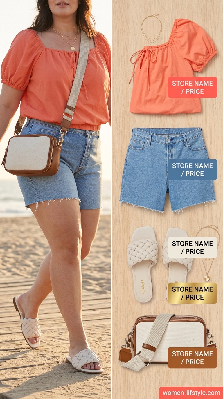 Trendy curvy outfit summer 2026: Coral peasant blouse, denim shorts, slide sandals for coastal getaway.