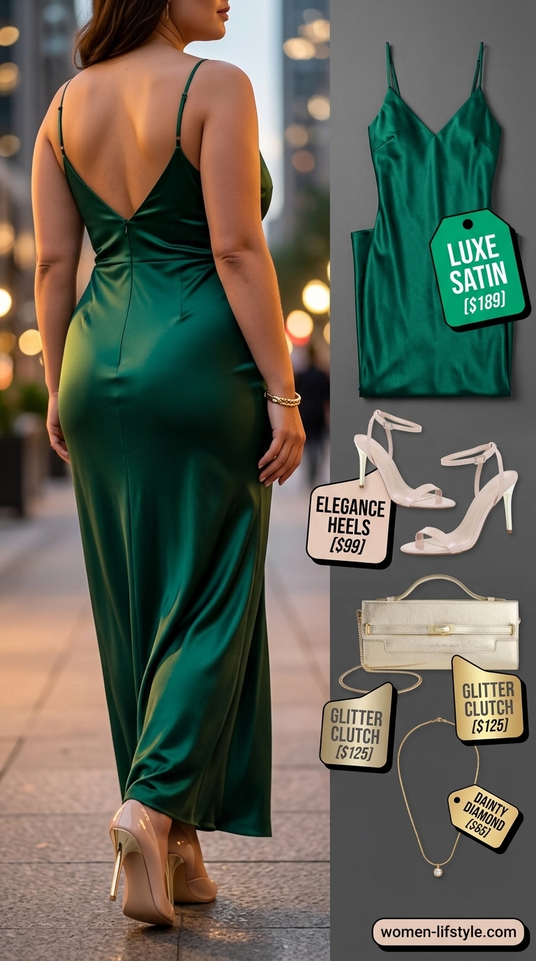 Trendy curvy outfit summer 2026: Emerald green slip dress, gold accessories & stiletto heels for wedding guest or cocktail party.