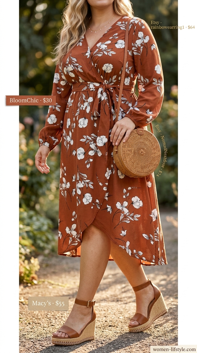 Trendy curvy outfit summer 2026: Floral wrap dress, straw hat, rattan bag & espadrille wedges for garden party.