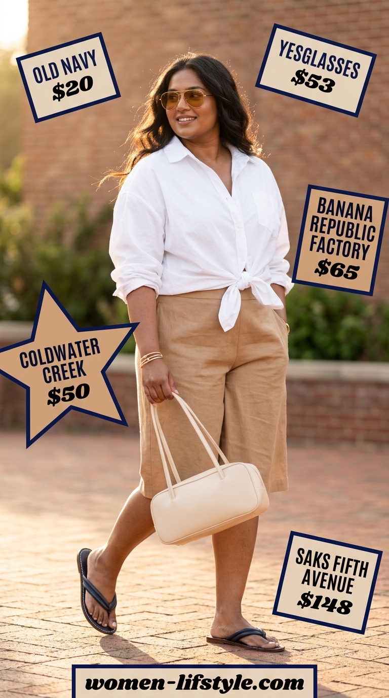 Al fresco lunch outfit for women 2026: White oversized shirt, tan Bermuda shorts, leather sandals.