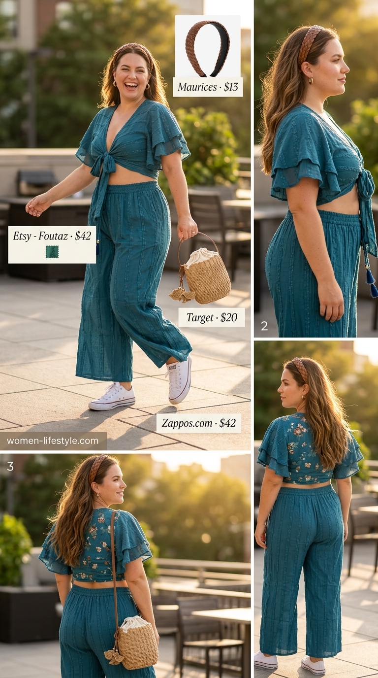 Boho festival outfit for women 2026: Teal print matching set, white sneakers, tan headband & straw bag.