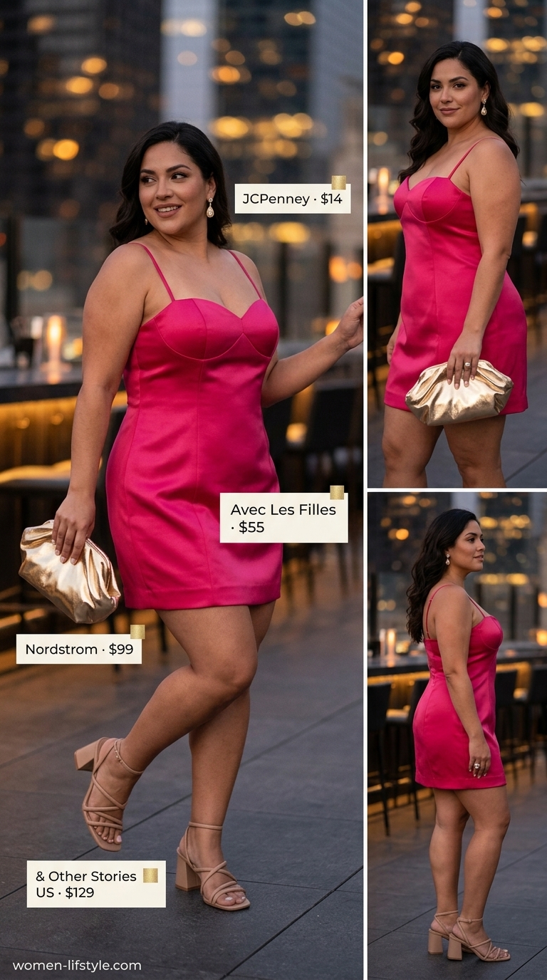 Fuchsia fantasy night out outfit for women 2026: A-line mini dress, gold clutch & nude sandals.