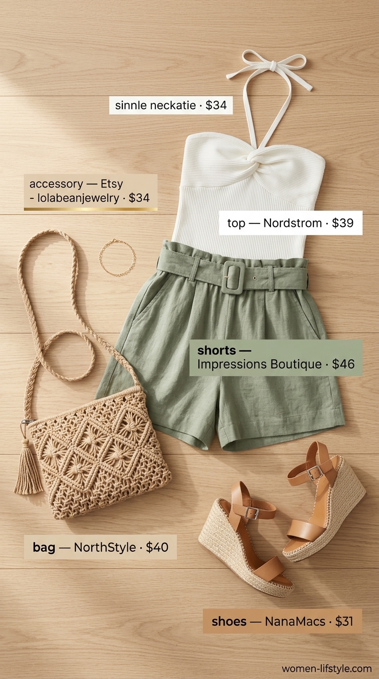 Garden brunch glam outfit for women 2026: Sage green shorts, cream halter top, straw bag & wedges.