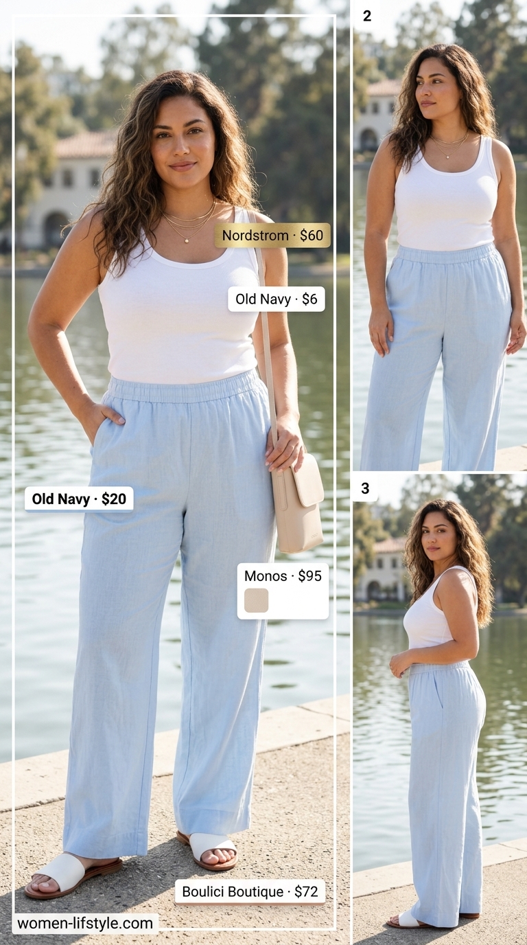 Lakeside leisure outfit for women 2026: Sky blue linen pants, white tank, pearl bag & gold necklaces.