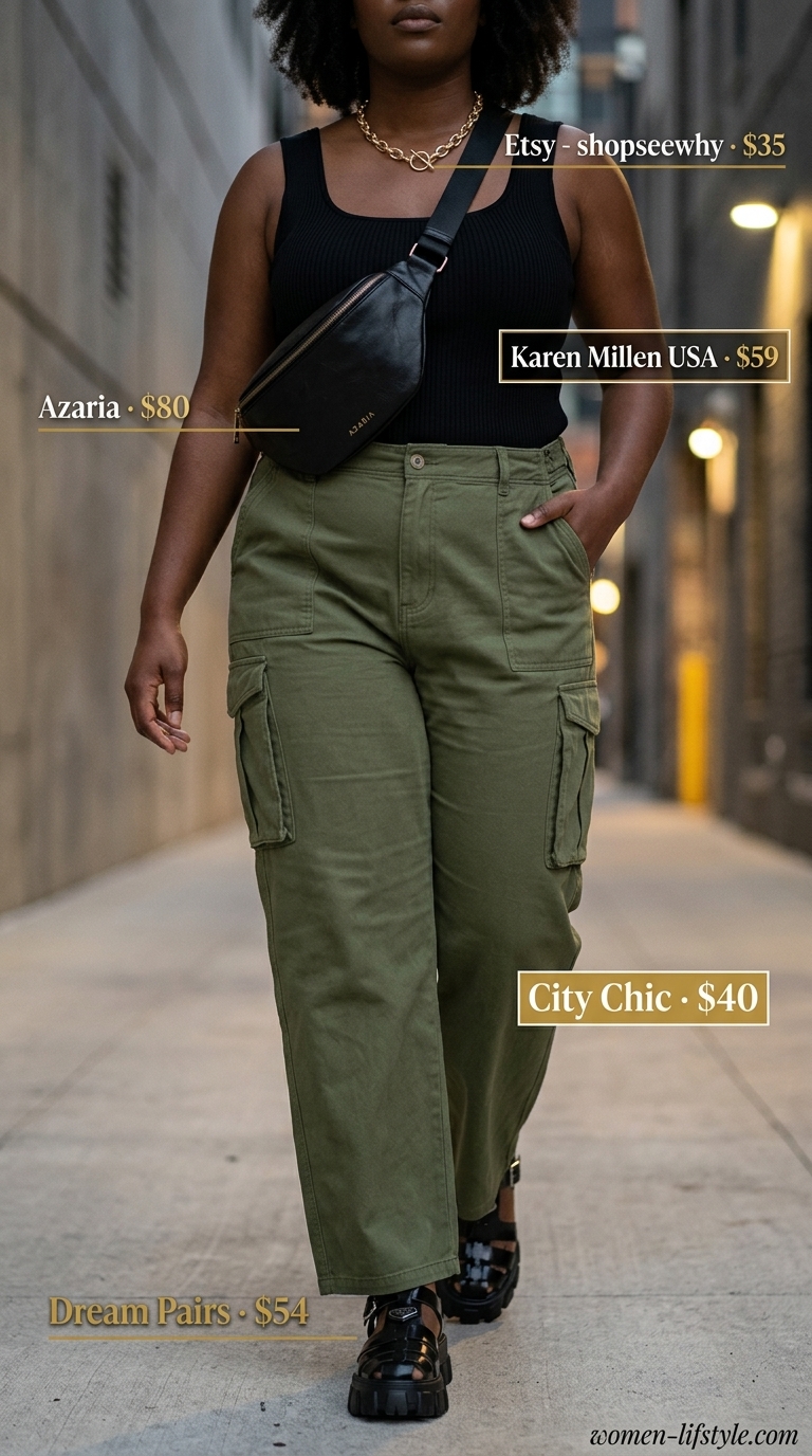 Modern utility edge outfit for women 2026: Olive cargo pants, black tank, chain necklace & sandals.
