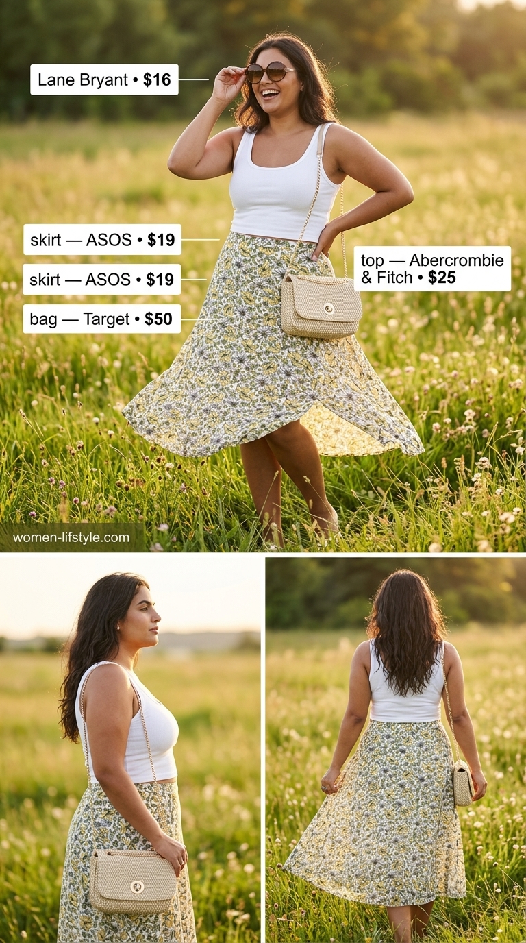 Picnic in the park outfit for women 2026: Yellow floral skirt, white tank, straw bag & espadrilles.