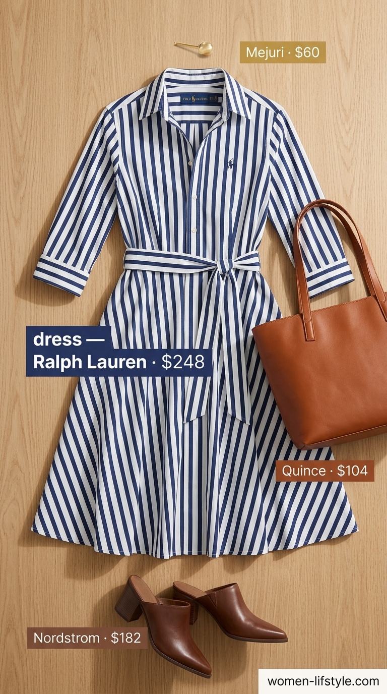 Polished Riviera lunch outfit for women 2026: Blue stripe midi dress, cognac tote & block heels.
