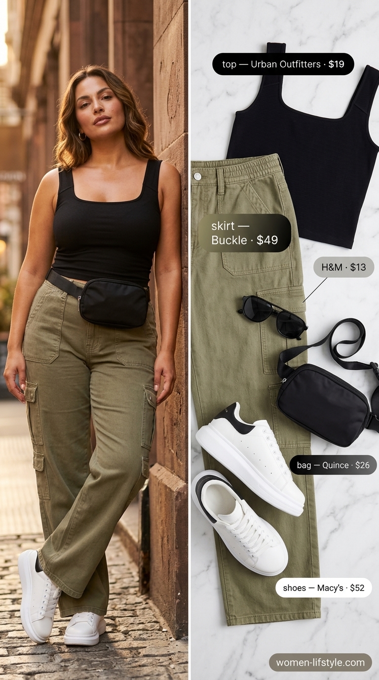 Urban explorer chic outfit for women 2026: Olive cargo pants, black tank, belt bag & platform sneakers.