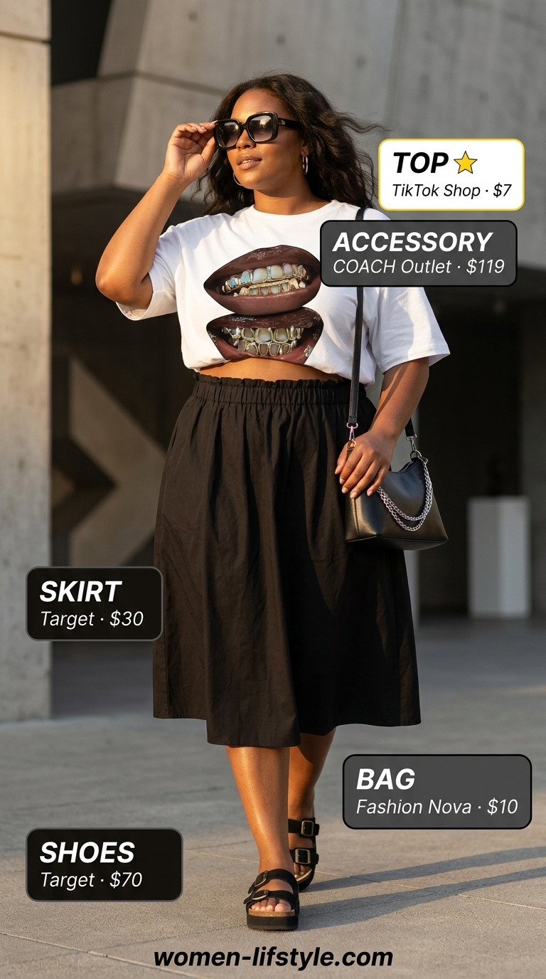 Trendy curvy outfit summer 2026: Graphic tee, black midi skirt, platform slides & sunglasses for gallery opening.
