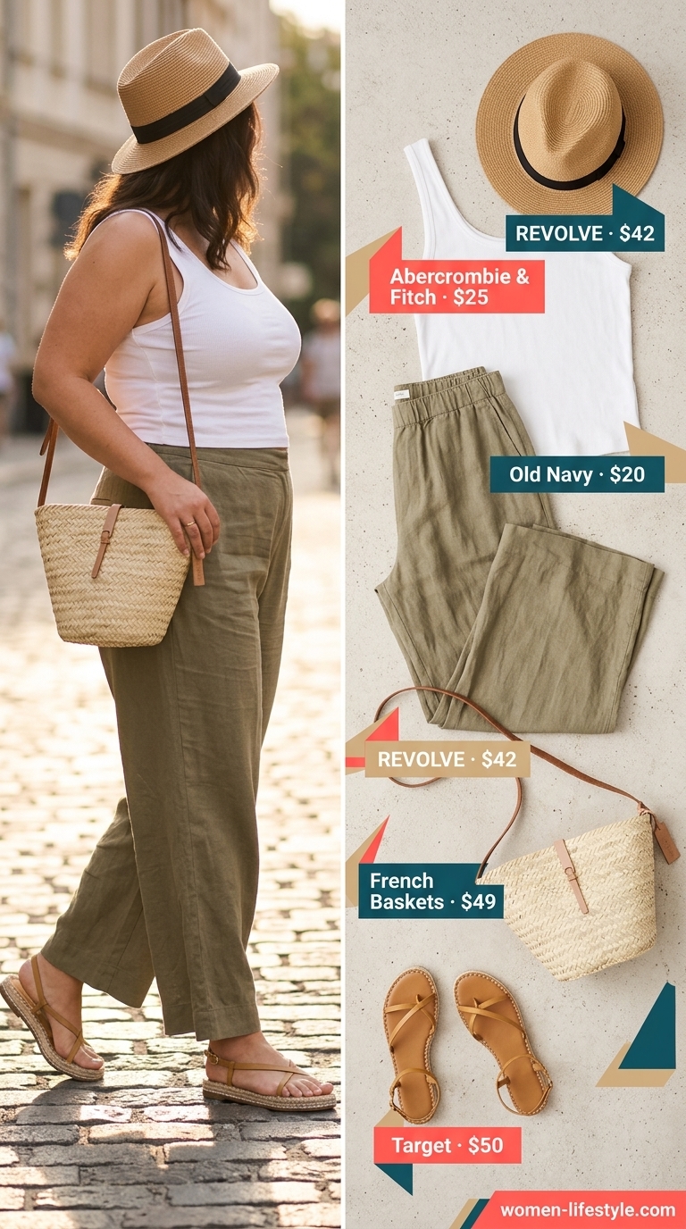Trendy curvy outfit summer 2026: Khaki wide-leg linen pants, white ribbed tank, straw hat & espadrilles for casual day out.