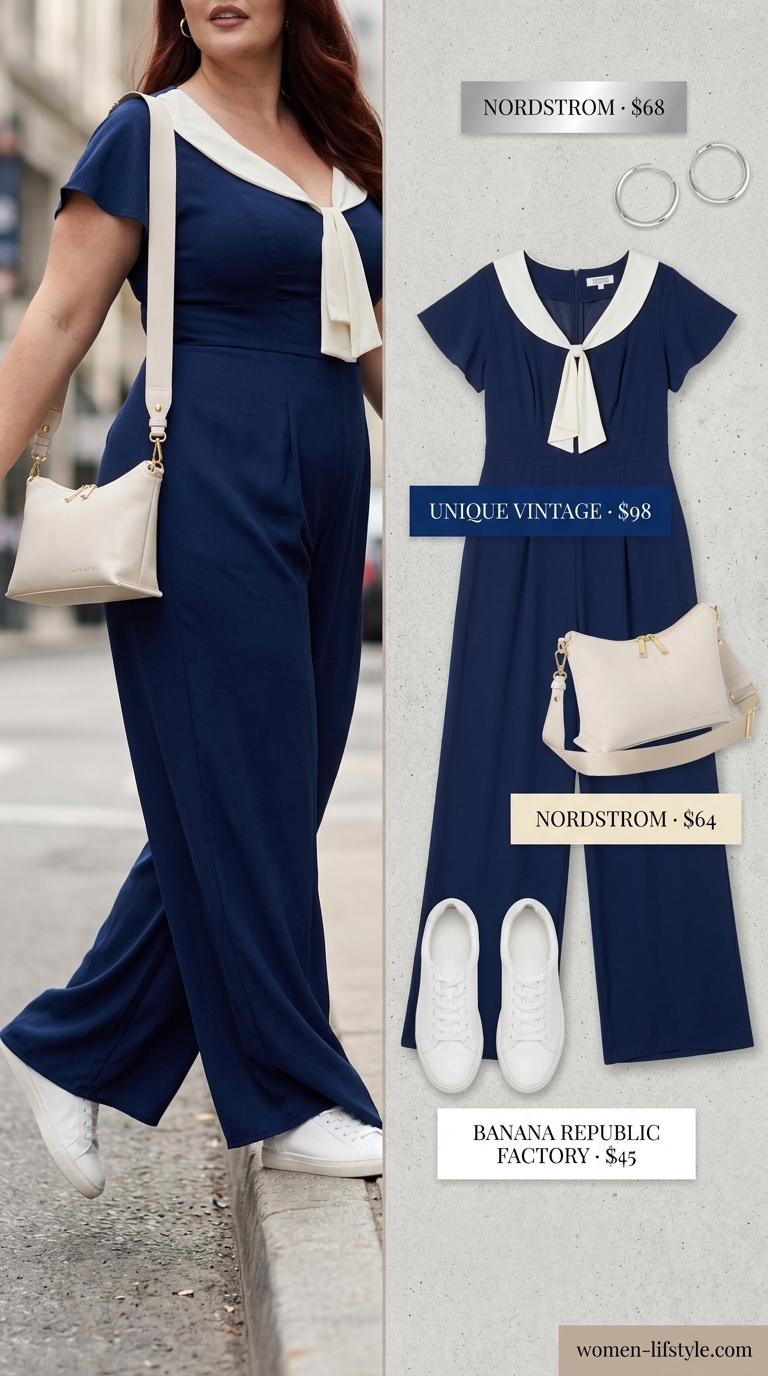 Trendy curvy outfit summer 2026: Navy wide-leg jumpsuit, white sneakers, and silver hoops for sophisticated city exploration.